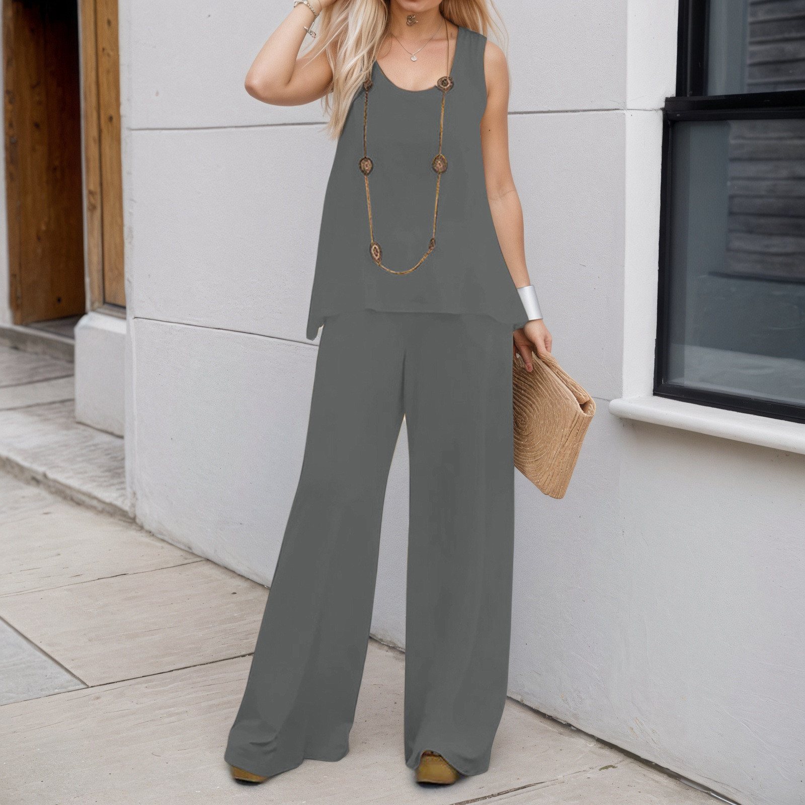 thumbnail image 2 of Conjunto de 2 piezas para mujer: chaleco sin mangas y pantalones anchos, estilo boho informal, color liso, mezcla de poliéster y spandex, 2 of 5
